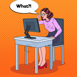 碛弱PopArt年轻弱眼女在计算机工作的商业妇插画