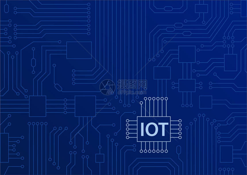 在蓝色背景的电路板上显示IOT文本事物互联网图片