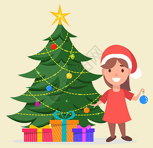 圣诞老人帽的女孩站在圣诞树旁边图片