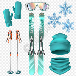 浅蓝色和逼真的滑雪冬季图标图片