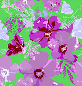 粉红色灰色紫色棕色和蓝色的芙蓉花为绿色背景上的图片