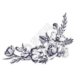 维多利亚风格的复古矢量花卉组合物玫瑰的花朵花蕾和叶子水墨画仿版画图片