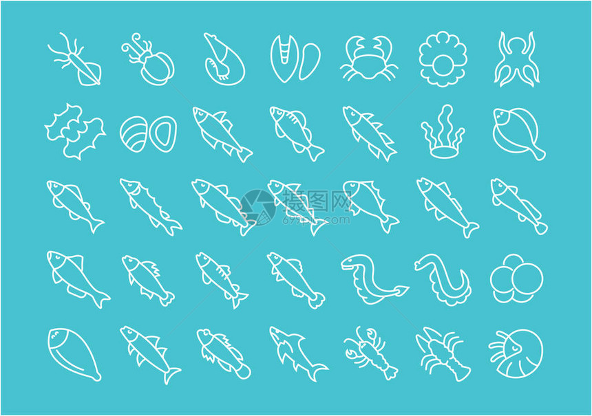 收集海产食品的直线白色图标图片
