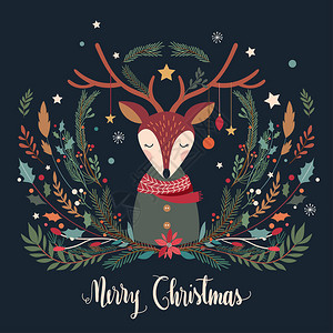 带有鹿和装饰季节树枝的圣诞贺卡背景图片