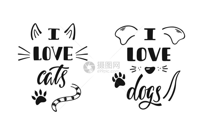 我喜欢猫我喜欢狗关于狗和猫的手写励志名言排版字体设计孤立在白色背景上图片