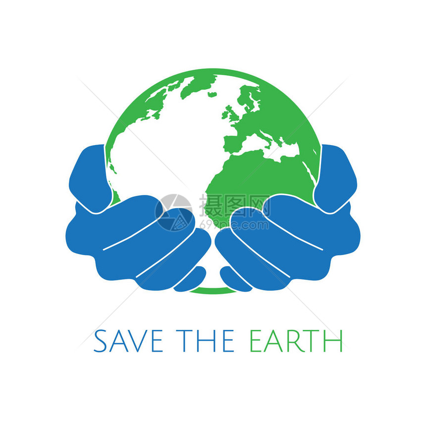 拯救地球概念标志拿着绿色地球的蓝色手生态环境图片