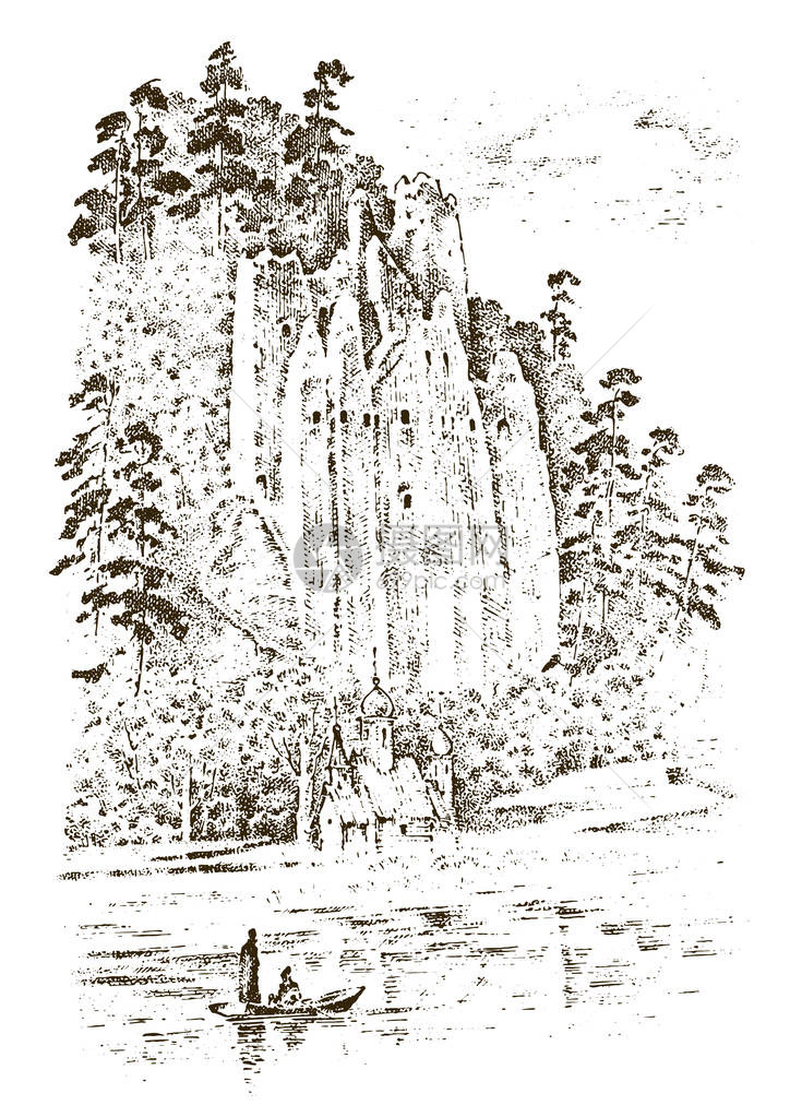 山上或悬崖上的乡村教堂质朴的修道院雕刻手绘在旧素描和复古风格的菜单风景场背景位于SeverskyDonets河畔的Sviatoh图片