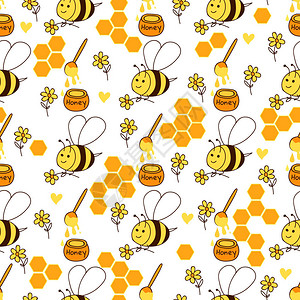 蜜蜂蜜和鲜花的蜜蜂无缝模式矢量背景与有趣的昆虫图片