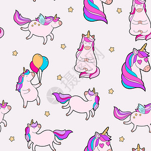 幻想的肥胖独角兽马布料设计可爱的神奇漫画动物彩虹角粉图片