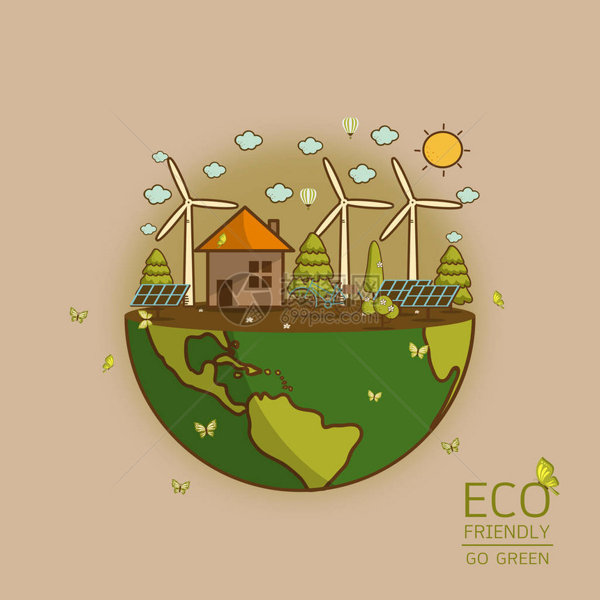 生态地球的矢量插图与风力涡轮机自行车太阳能电池房屋和树木拯救地球日的背景环境生态自然保图片