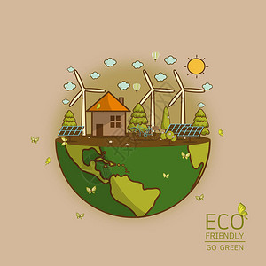生态地球的矢量插图与风力涡轮机自行车太阳能电池房屋和树木拯救地球日的背景环境生态自然保背景图片
