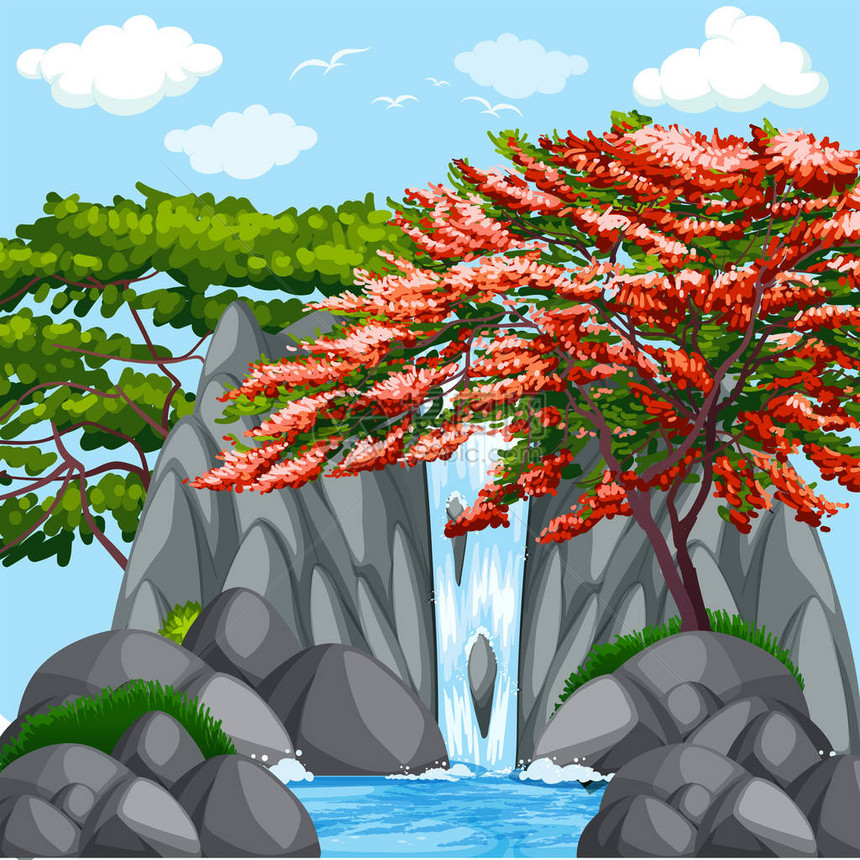 瀑布插图中树木的背景场图片
