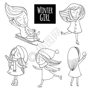 雪趣套装可爱的女孩在冬天玩耍雪橇和溜冰鞋雪花和雪球卡通风图片