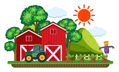 红色谷仓插图旁的绿色拖拉机图片