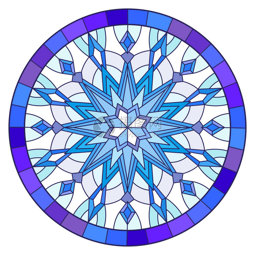 在框架圆形图像中用蓝色的花显示彩色玻图片