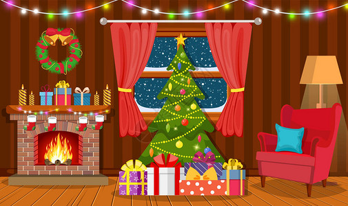 的圣诞节内部有一棵圣诞树礼物和一个壁炉平面样图片