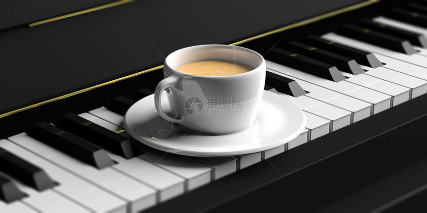 黑色钢琴键盘上的咖啡杯图片