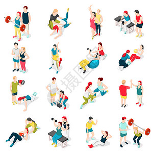 个人运动教练等距图标集的人与教练一起锻炼的孤立人物角图片