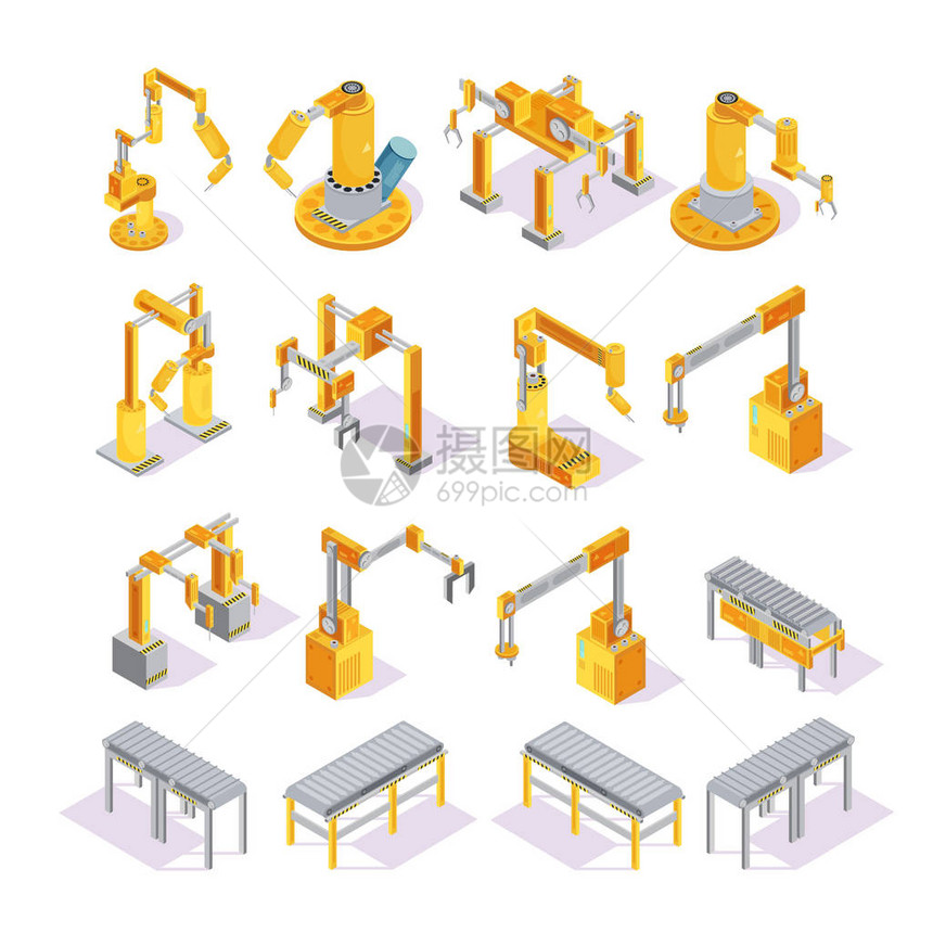 带有机械手的用于焊接或包装孤立矢量插图的一对数黄图片