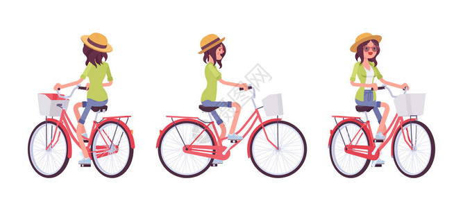 年轻迷人的快乐女人骑着红色城市自行车图片