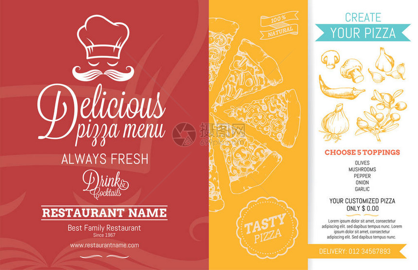 餐厅菜单模板手绘高细节矢量插图具有多种不同口味的比萨片以及许多蔬菜成图片