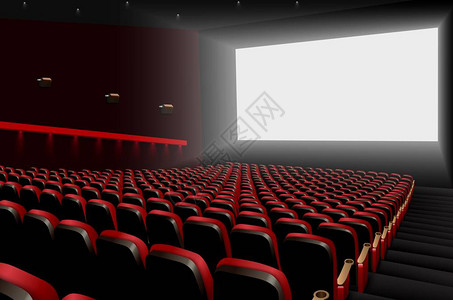 红色座位和白空屏幕的电影礼堂矢量图片