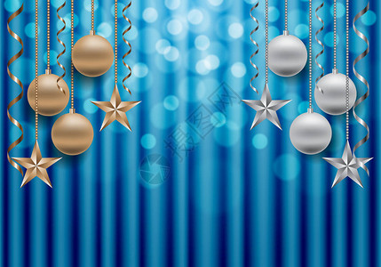 圣诞快乐和新年快乐的矢量插图金银球星带在蓝布基织物图片