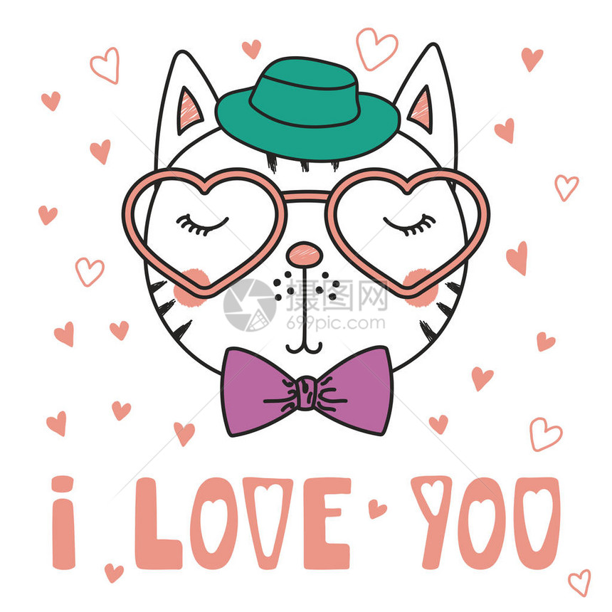 一只戴着心形眼镜的可爱搞笑猫的手绘矢量肖像图片