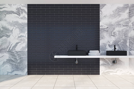 灰色大理石浴室内有黑色砖墙装饰灰色瓷砖地板和黑色双图片