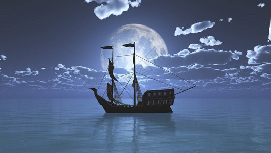 海上满月的旧船插画