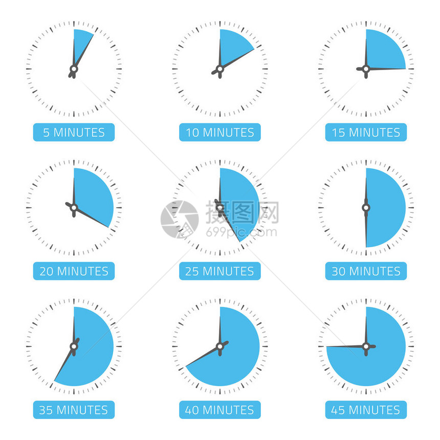 不同时间的钟面在510152025303540和45分钟上设置的计时器图标时间概念可用于信息图矢量插图图片