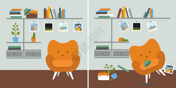 植物神经功能紊乱带椅子和书架的客厅平板设计矢量图插画