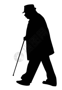 老人带着拐杖走在白色背景图片