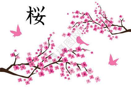 以日本文字和粉色鸟类展示樱花开图片