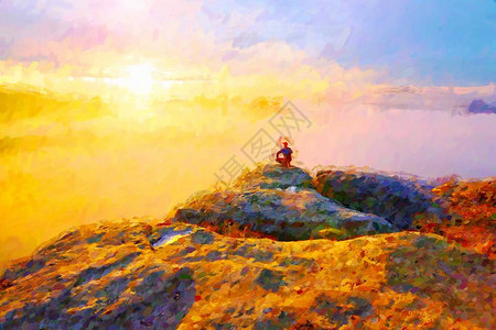 望仙谷沉入岩峰的占居位置望着清晨谷里多彩雾和迷雾的插画