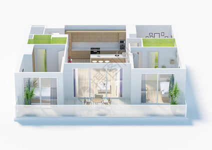 3D插图开放概念式居住公寓布局背景图片