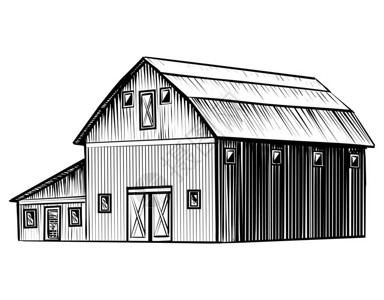 农场谷仓上白色背景手绘素描风格插图孤立木谷仓矢量图片