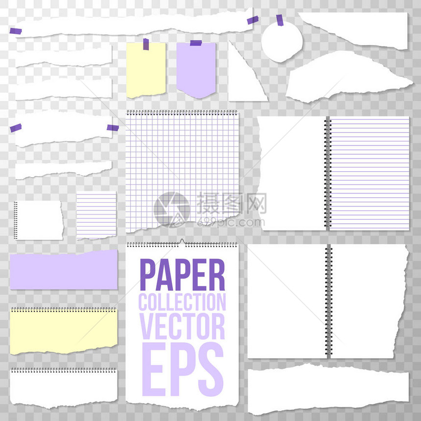 从螺旋装订笔记本上撕下的纸片在透明背景上隔离的干净或空白页面撕下活页夹白色方格纸和横格纸图片