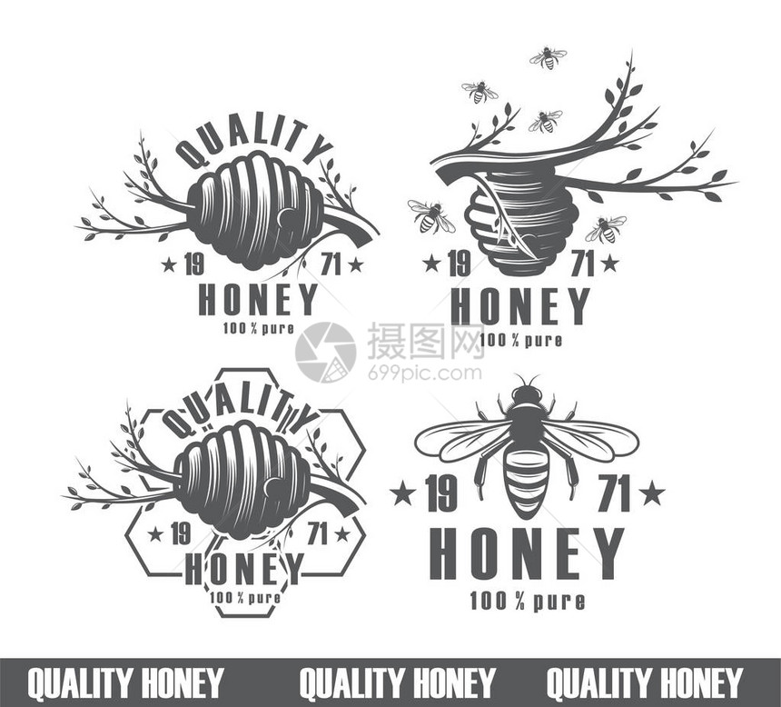 蜜蜂背景复古矢量图标花蜜包装产品集图片
