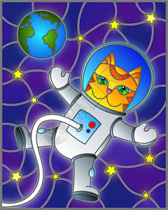 在宇宙恒星和的背景上与卡通滑稽的猫宇航员一起用彩色图片