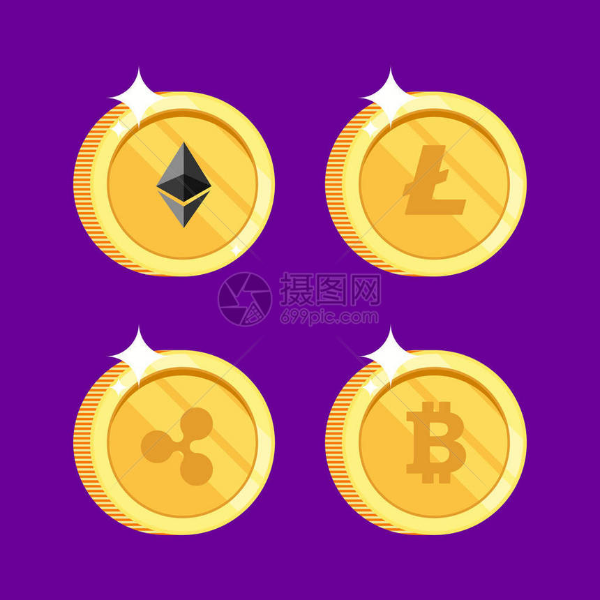 一组图标莱特币瑞波币以太坊比特币硬在孤立的黑色背景上等距3D风格的货币图片