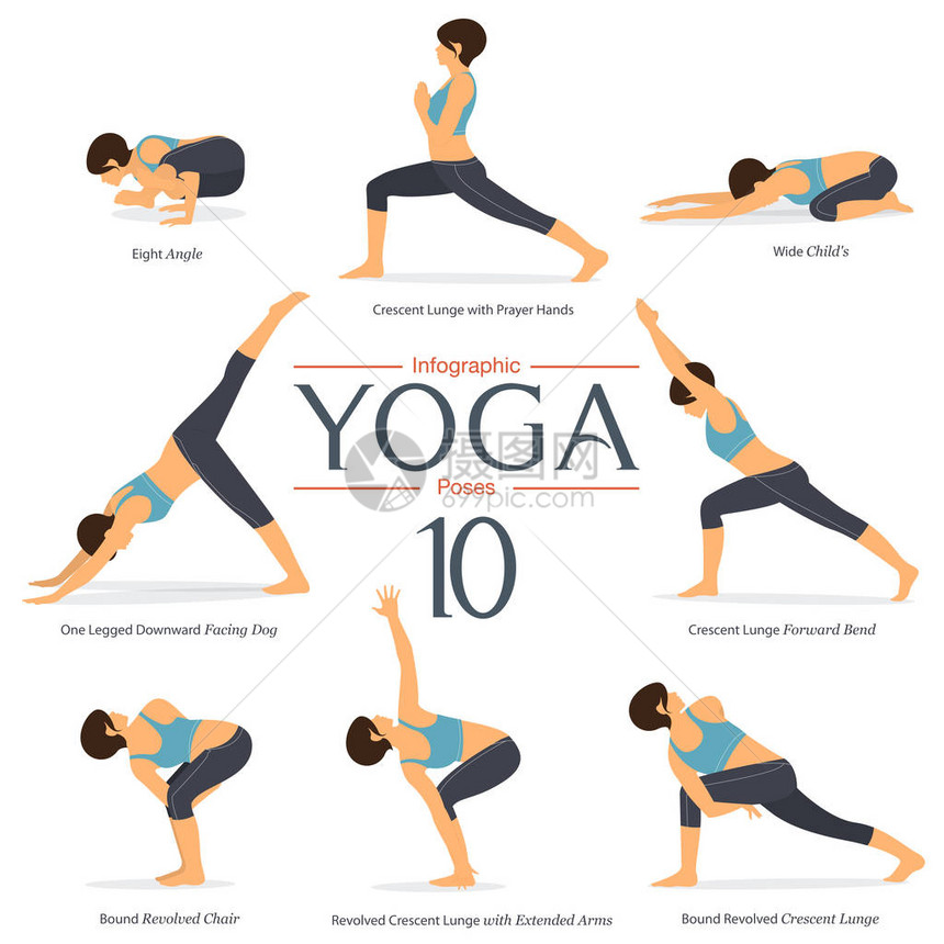 在平面设计中设置8个瑜伽姿势女人穿着蓝色运动服和黑色瑜伽裤锻炼瑜伽信息图片