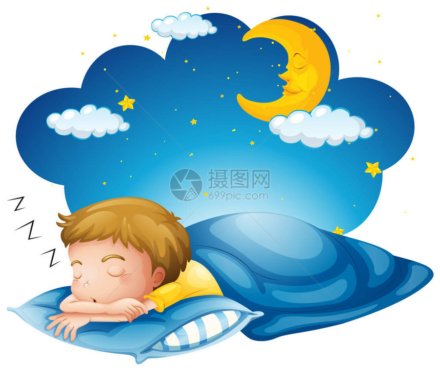 睡在蓝色毯子插图上的男孩图片