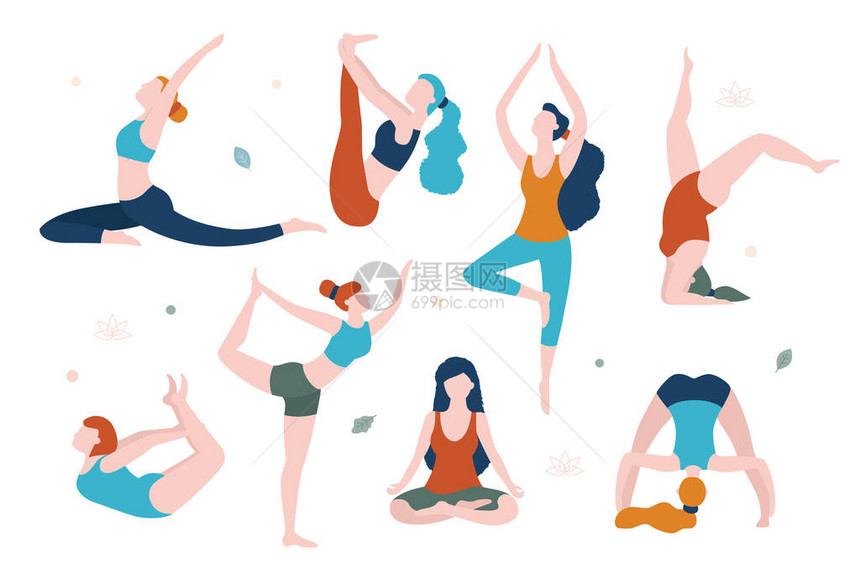 在不同时间做瑜伽的妇女代表着在白色背景上孤立的矢量平面图每个妇女图片