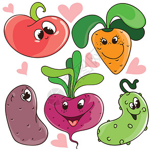 一套滑稽可爱的矢量卡通蔬菜面带笑脸贴图片