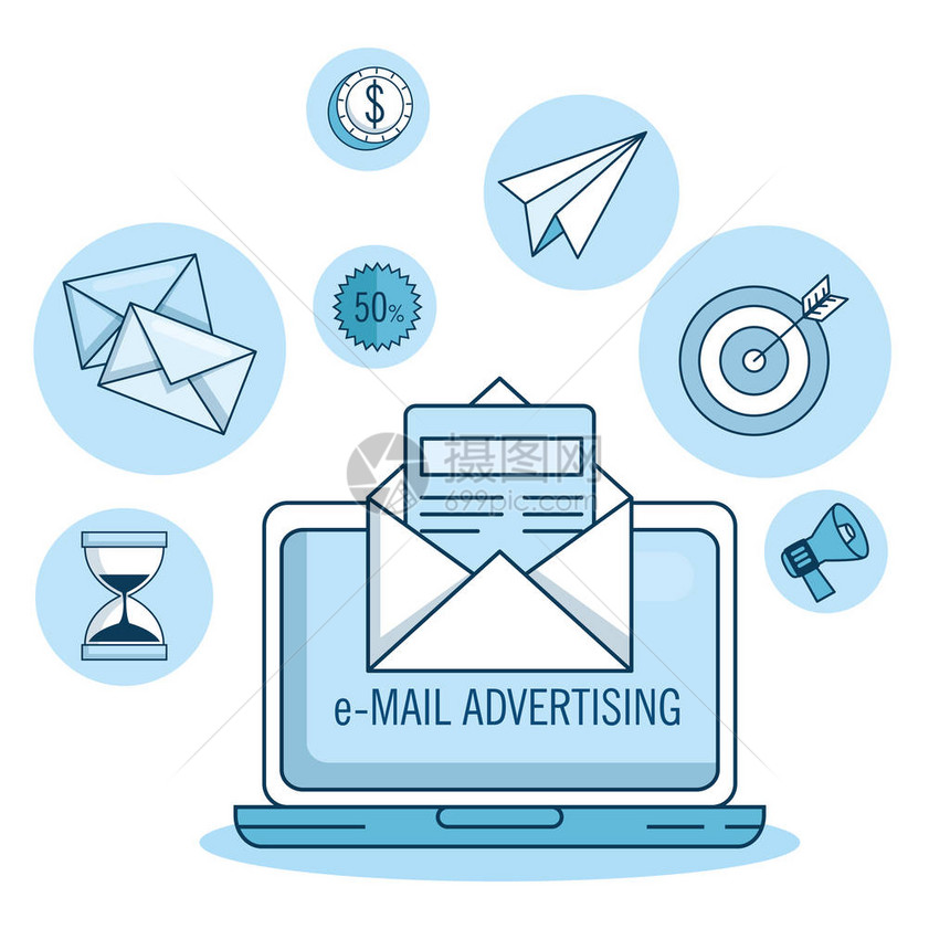 电子邮件营销和促销计算机与电子邮件通知矢图片
