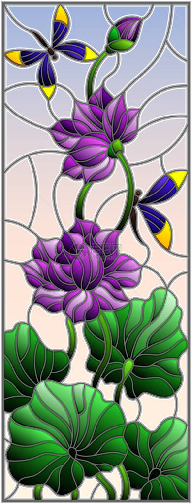 以彩色玻璃风格用莲叶和花朵紫花和图片