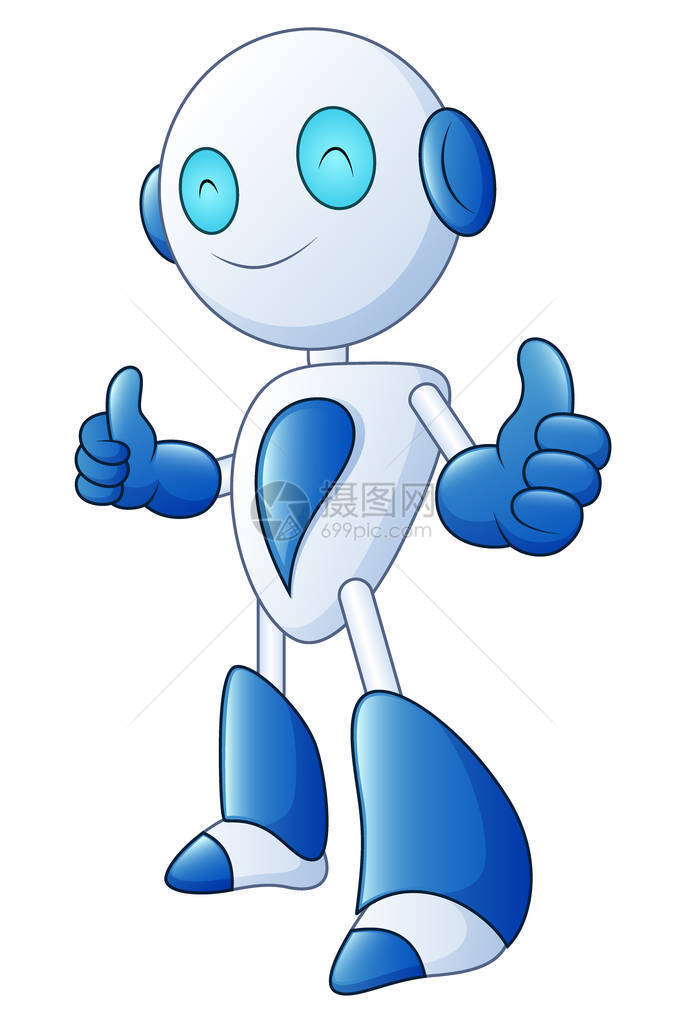 用矢量插图说明可爱漫画机器人的笑容和在白背图片