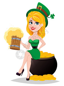 圣帕特里克节快乐戴着绿帽子的卡通人物女人穿着妖精服装的可爱女士坐在金罐上背景图片