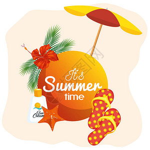 它的夏季时间标志与热带花朵和海滩相关物体在桃子和白色背景之背景图片